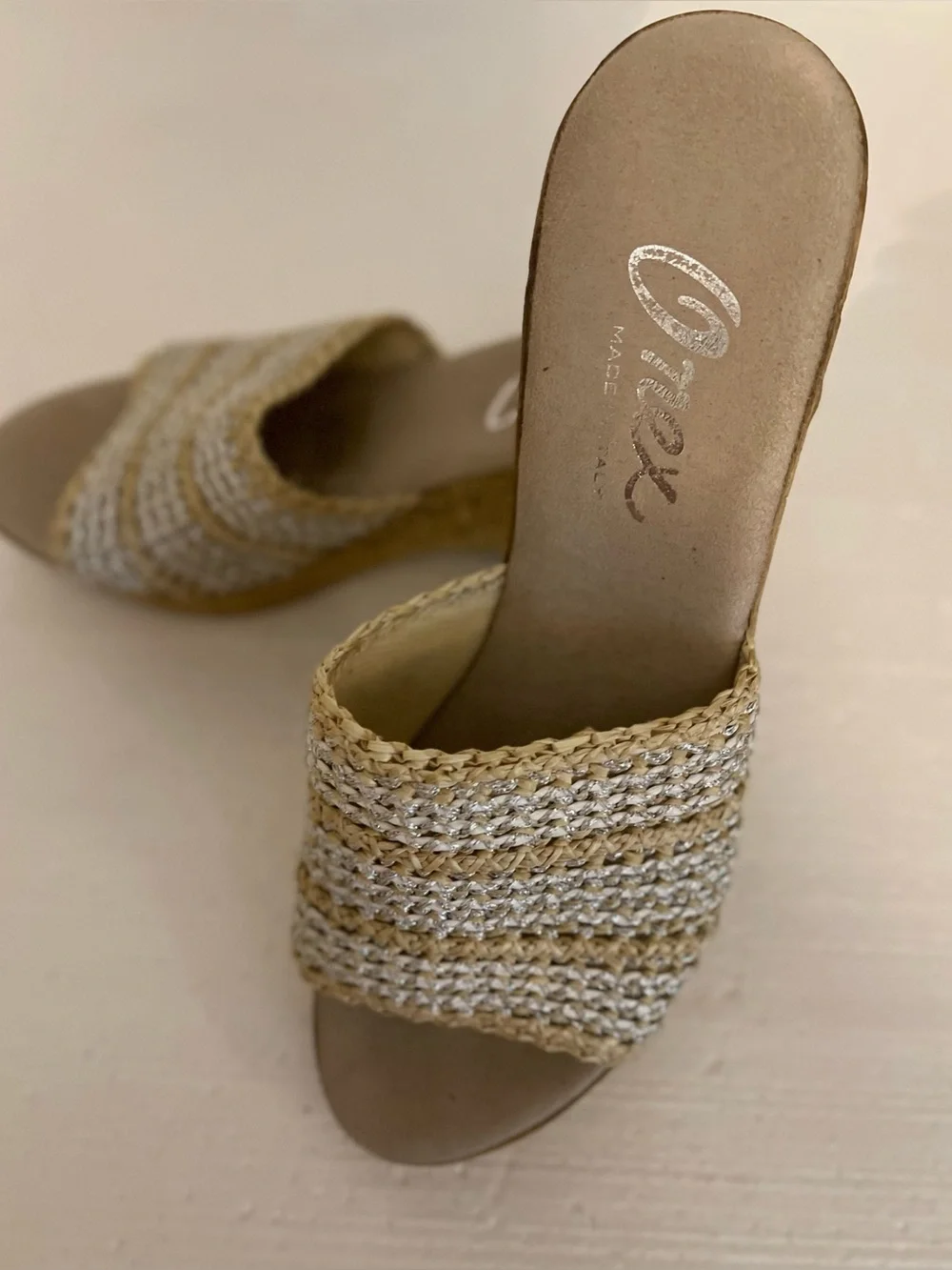 Onex Claire Natural, White and Silver Strand Weave Wedge Sandal Made in Italy 11